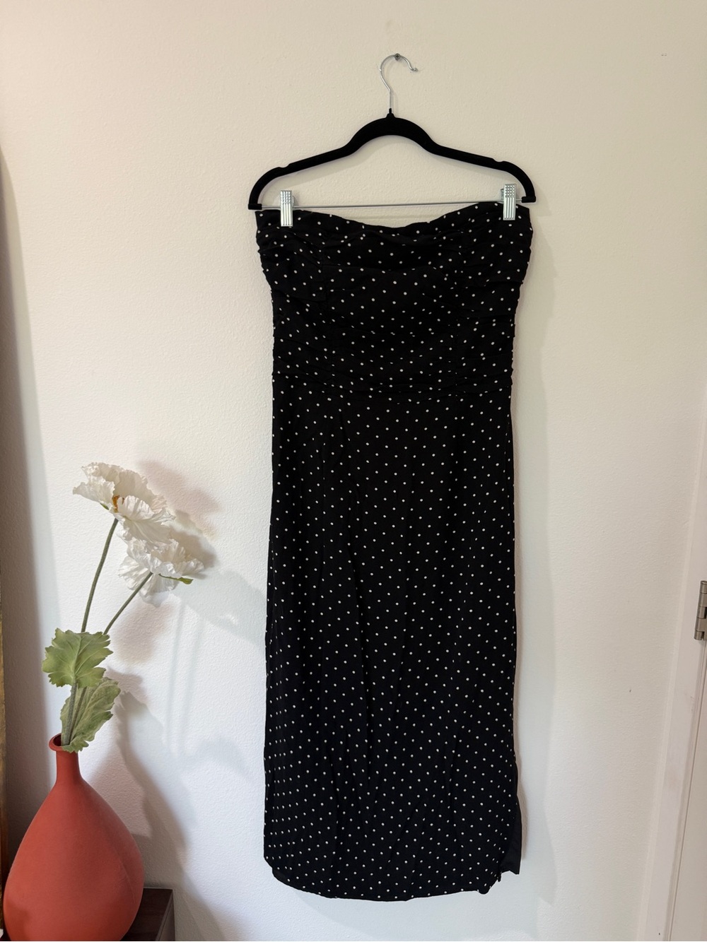 Wayf Black Strapless Polka Dot Midi Dress